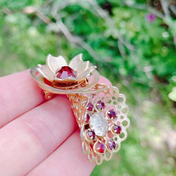 VTG Mid Century Gold Tone Rhinestone Fan Flower Brooch Costume Jewelry 50s 60s - Picture 4 of 10